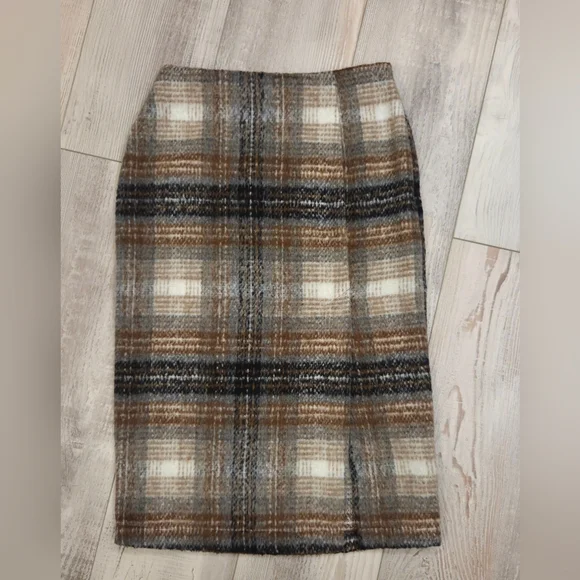 Sage The Label Checkered Plaid Pencil Skirt - Black, Cream & Tan With Slit - Picture 6 of 9
